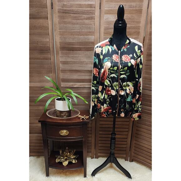 Jeans By Buffalo Womens Size Large L Retro Floral Rose Zip-Up Black Jacket - Picture 1 of 7